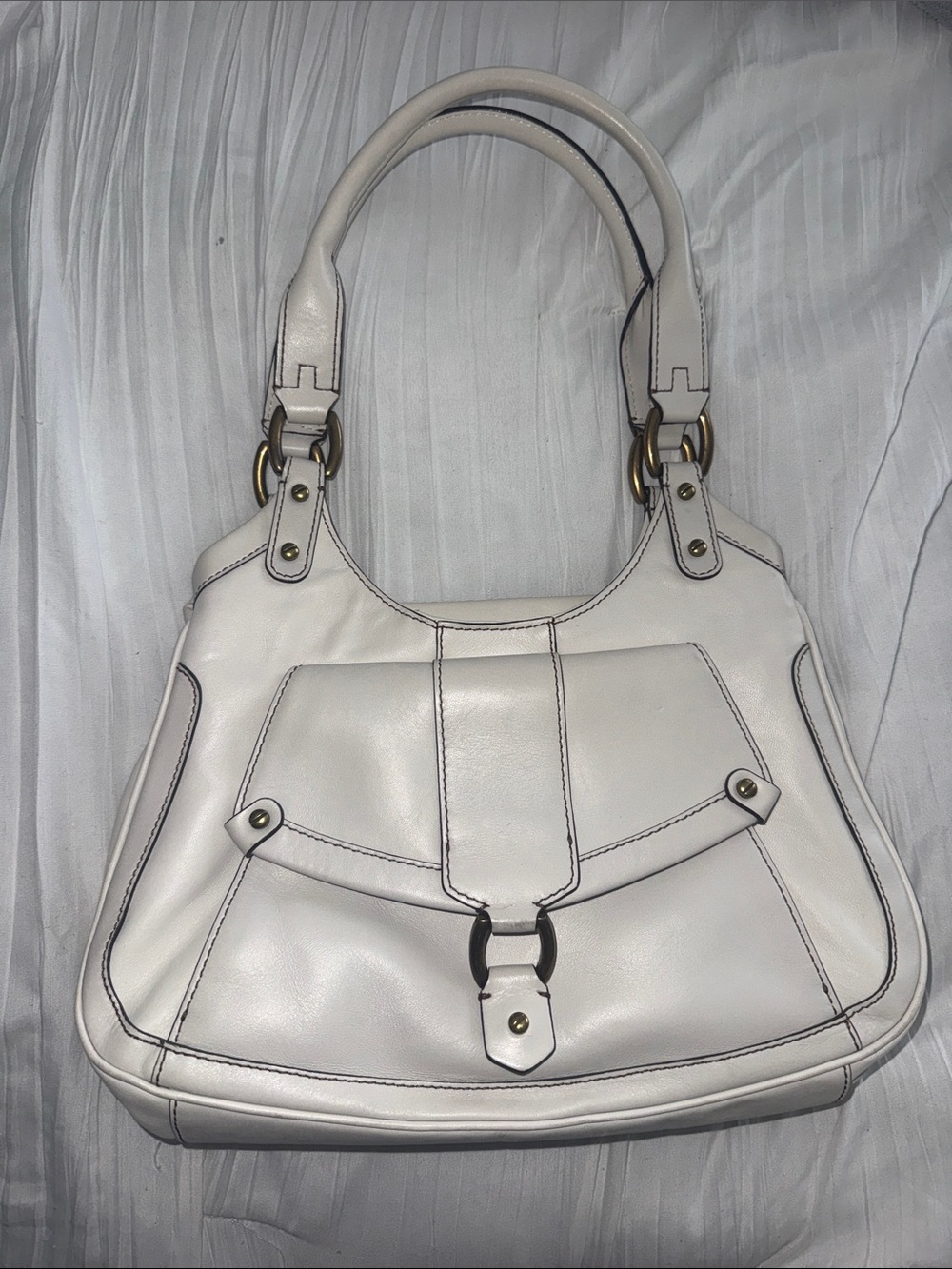 Cole Haan Cream Leather Shoulder Bag with Front Flap and Double Handles